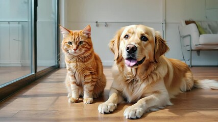 Golden Retriever dog and ginger cat sitting on hardwood floor indoors.