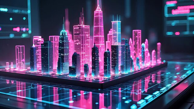 Futuristic neon cityscape model with glowing pink and blue holographic skyscrapers displayed on digital interface with data screens

 - Powered by Adobe