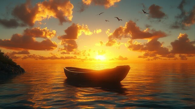 Serenity of sunset over calm water with small boat