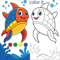 Colorful cartoon fish character with happy expression – vibrant and black and white coloring book illustration for kids with playful marine theme