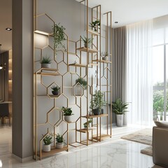 Modern gold-toned metal shelving unit with potted plants.