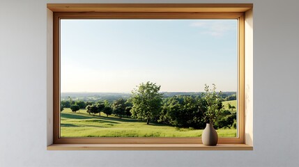 Inviting pastoral landscape view framed by a wooden window with a decorative vase on the ledge, creating a calming ambiance.