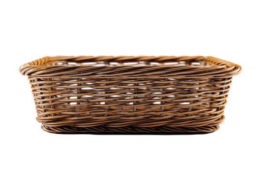 Brown wicker basket rectangular shape woven texture empty container 3d on transparent background