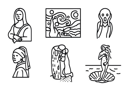 Famous art masterpieces icon set – outline style for art history, museum lovers: mona lisa, starry night, the scream, girl with a pearl earring, the kiss, birth of venus
