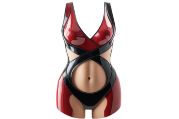 Sleek red black bodysuit design stylish cutout details glossy finish bodycon silhouette modern