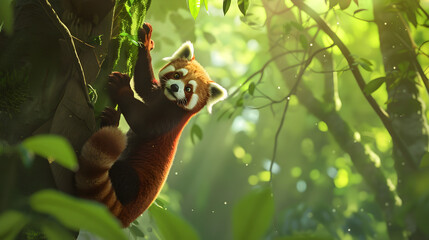 A red panda climbing a mossy tree trunk in a bright green forest with sunlight shining through leaves