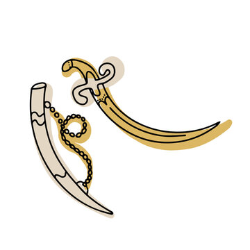 Yatagan sword, traditional curved weapon. Hand drawn vector illustration.