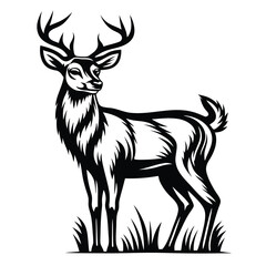 Striking Black and White Deer Illustration, Wildlife Animal with Antlers in Grass
