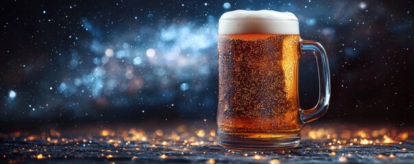 International beer day with foam alcohol idea. Frosted beer mug with droplets against a sparkling background.