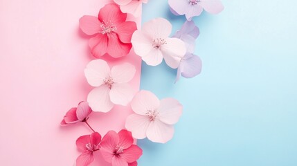  A floral background with pink and white blossoms on a split blue and pink background.