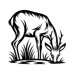 Stylized Black Silhouette of a Grazing Deer with Antlers in Grass, Isolated