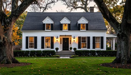 Colonial-style home with white exterior, black shutters, centred front door with lantern-style light 