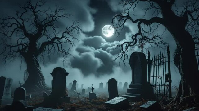 Moody cemetery with gravestones,bare trees and full moon at night