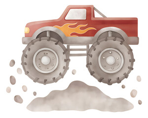 Watercolor illustration of a red monster truck jumping over a dirt mound on transparent background. © beyouenked