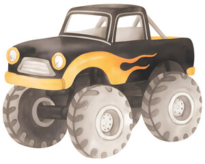 Watercolor illustration of a black monster truck with flames graphics on a transparent background. © beyouenked