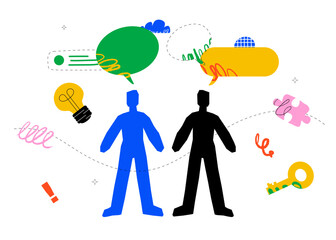 An abstract and colorful illustration depicting two stylized figures surrounded by speech bubbles,, doodles and other abstract elements. A concept for collaboration, communication, ideas,