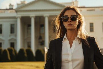 Obraz premium Confident Woman in Sunglasses Near the White House