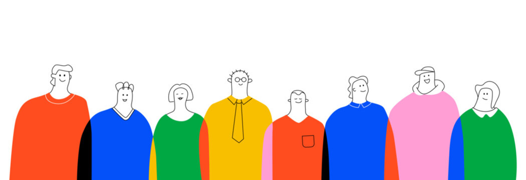 A simple and colorful graphic illustration depicting a group of stylized people standing together. The concept of society, community and a variety of personalities.