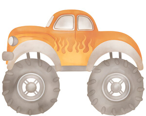 Watercolor orange monster truck with flames on transparent background. © beyouenked
