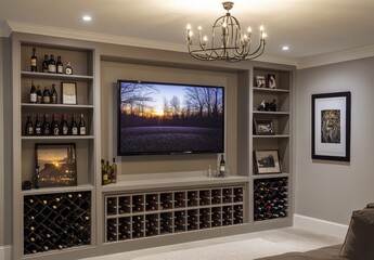 Fototapeta premium Modern home entertainment center with wine storage.
