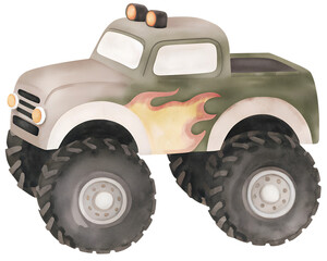 Watercolor illustration of a green monster truck with flames on transparent background. © beyouenked