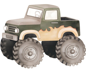 Watercolor illustration of a green monster truck with flames on transparent background © beyouenked