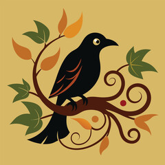 Art-nouveau style illustration-of-a-raven-on-a-leaf