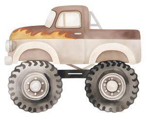 Watercolor illustration of a brown and white monster truck with flame detail on transparent background. © beyouenked