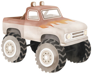 Watercolor illustration of a brown and white monster truck with flames on transparent background. © beyouenked