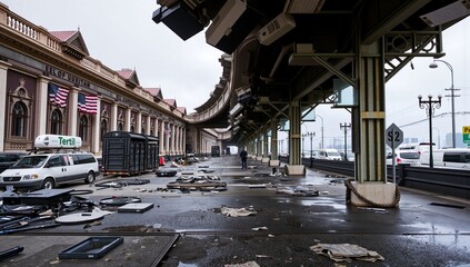 Desolate Terminal Beneath Urban Skyway