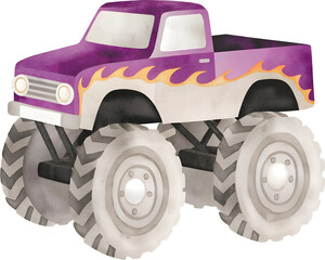 Watercolor illustration of a purple and white monster truck with flames on transparent background. © beyouenked