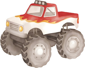 Watercolor illustration of a red and white monster truck on transparent background. © beyouenked