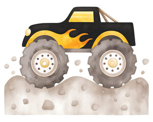 Watercolor illustration of a black monster truck with flames on a dirt mound on transparent background. © beyouenked
