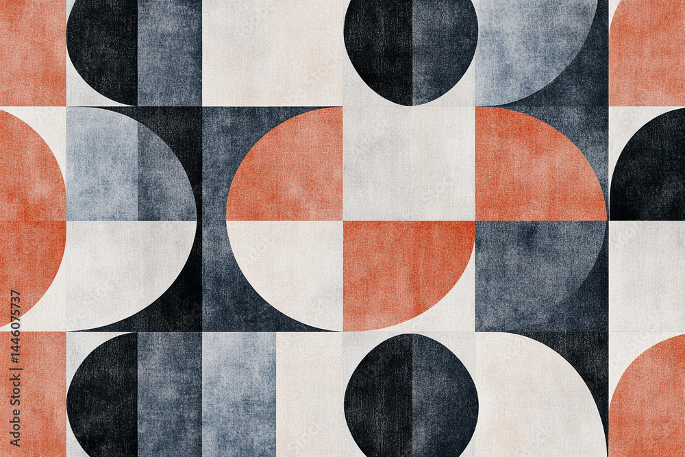 Aufkleber Geometric abstract pattern with orange, blue, and white semi-circles and squares, creating a textured, modern design suitable for various applications like wallpaper or fabric