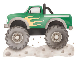 Watercolor green monster truck with flame design on transparent background. © beyouenked
