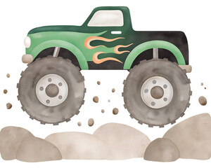 Watercolor style green monster truck with flames on rocks on transparent background. © beyouenked