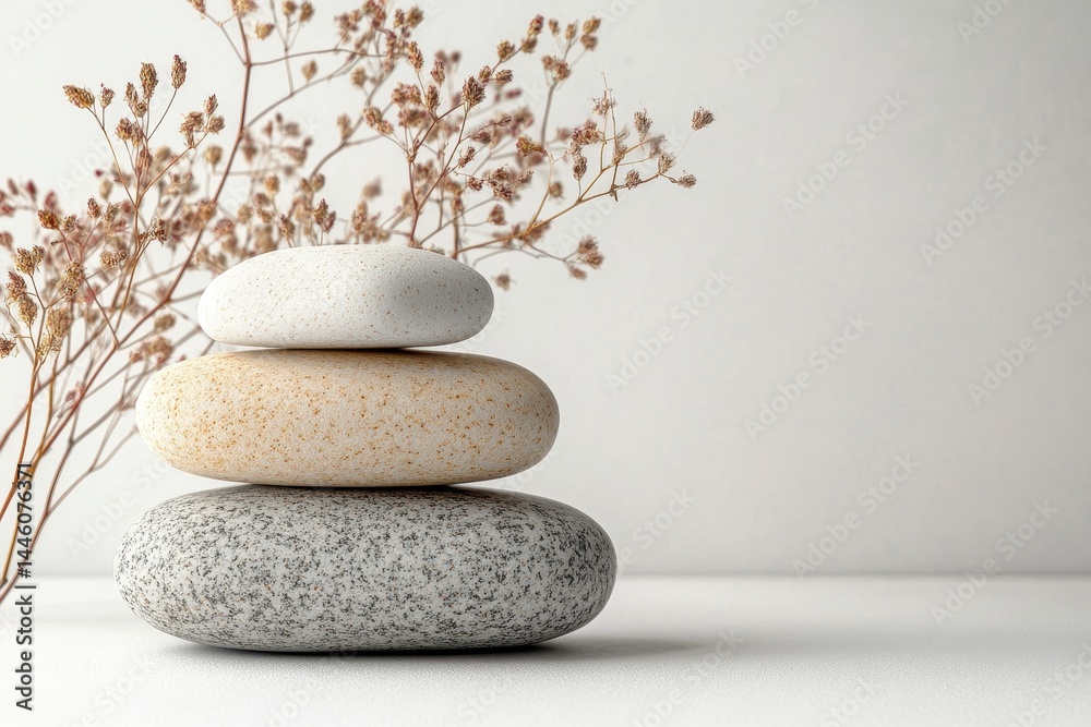 Aufkleber decorative arrangement of smooth stones with delicate white flowers on a neutral background for mode