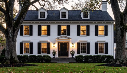 Colonial-style home with white exterior, black shutters, centred front door with lantern-style light 
