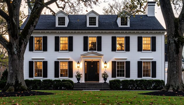 Colonial-style home with white exterior, black shutters, centred front door with lantern-style light 
