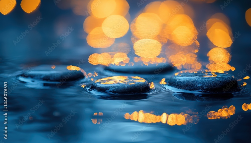 Aufkleber Sunset reflecting on water surface with bokeh lights illuminating the surroundings at a tranquil evening setting