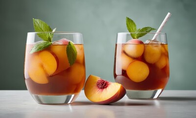 Refreshing Peach Iced Tea served in Glass with Mint Leaves, Aromatic Summer Drink