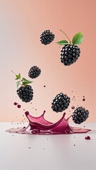 Fresh blackberries, splashing juice on a bright warm background
