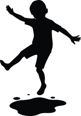 silhouette of a child jumping in puddle on white 