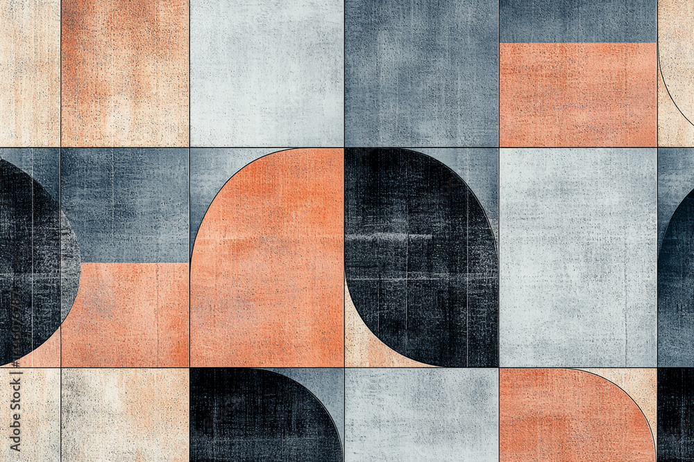 Poster geometric abstract art featuring textured squares and semicircles in orange, gray, and black hues, s
