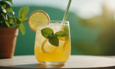 Fototapeta premium Refreshing summer citrus cooler drink with lemon and mint in a glass