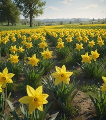 Fototapeta premium Lush green field bursting with bright yellow daffodils, spring scene, daffodil, plant, natural
