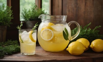 Fototapeta premium Refreshing homemade lemonade in a glass pitcher with a rustic backdrop