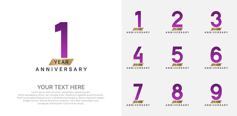 Anniversary logo set vector design, purple and gold color for celebration event