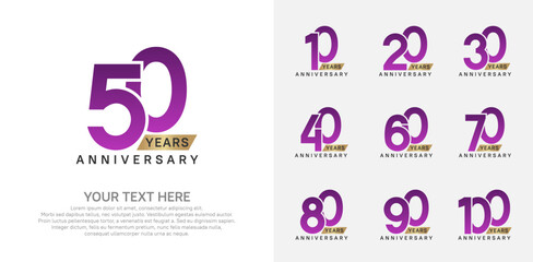 Anniversary logo set vector design, purple and gold color for celebration event