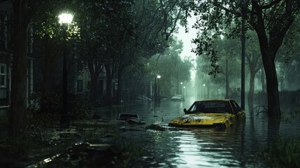 Submerged: A Rainy Night's Flood in a Residential Area